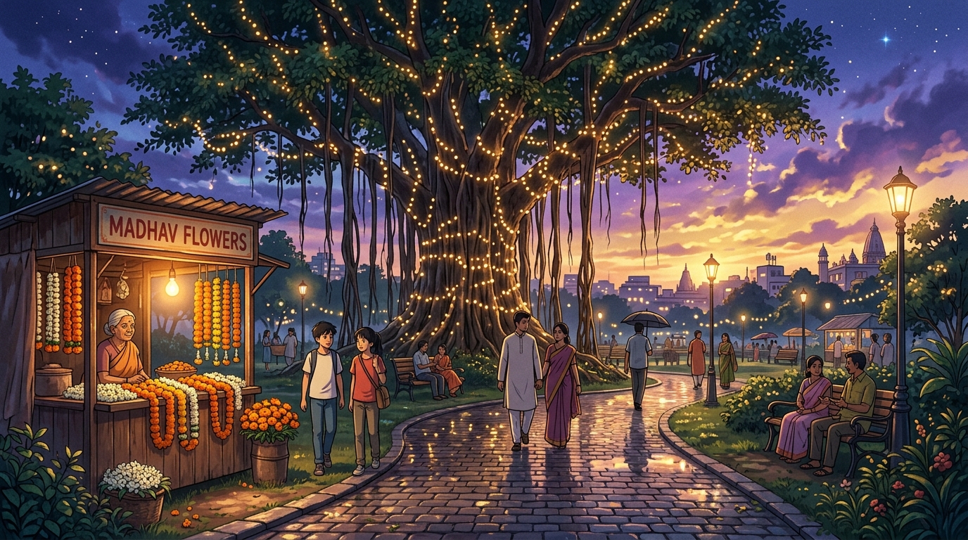 Ancient banyan tree glowing softly with fairy lights in quiet midnight solitude