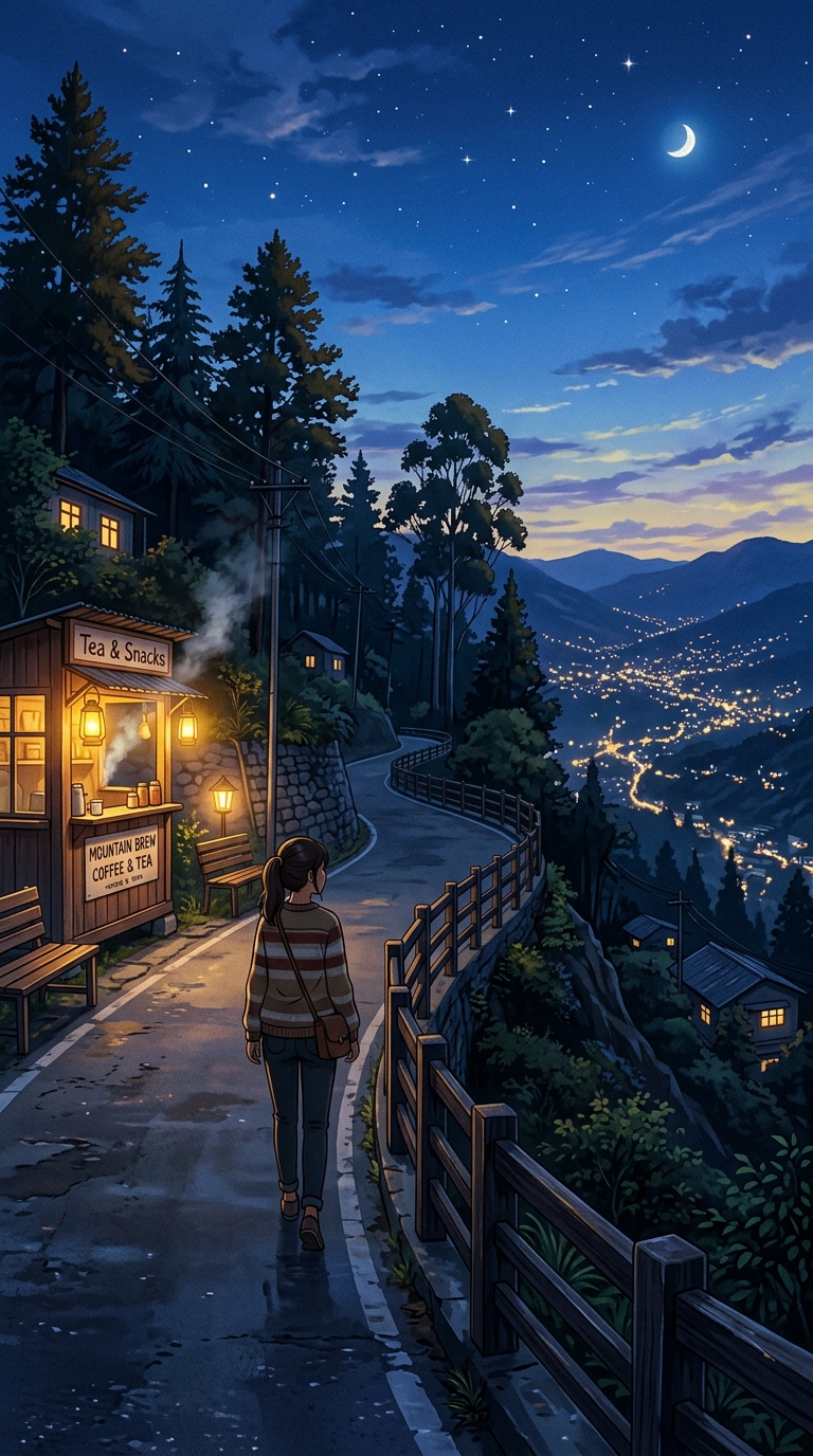 Tranquil midnight ridge road overlooking twinkling distant city streetlights under a starry night sky
