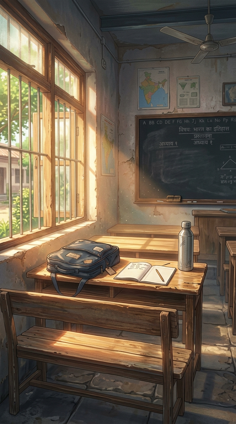 Nostalgic 90s Indian school classroom with wooden desks, steel lunchboxes, and golden sunlight